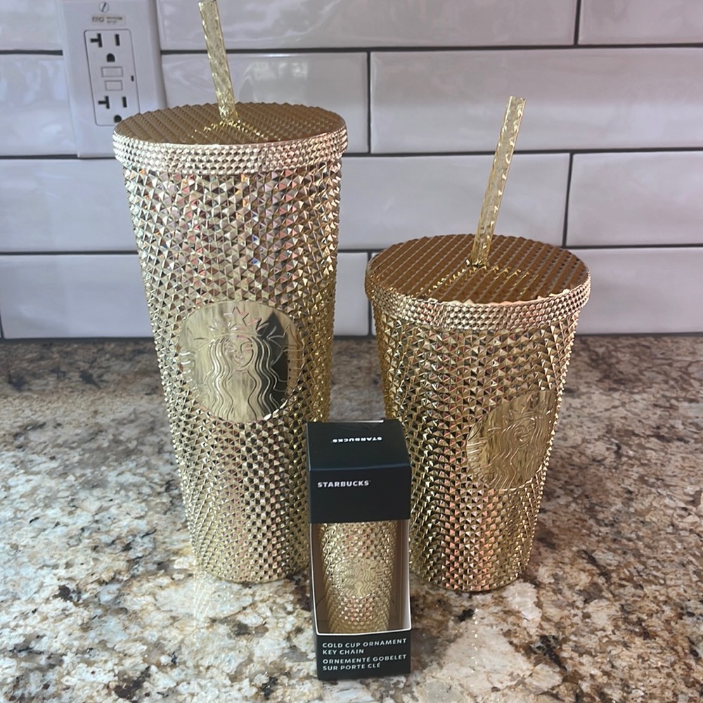 GOLD  Metallic Bling Starbucks Set Holiday 
Studded Tumblers & Keychain 2022